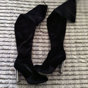 Thigh High faux suede boot w/ silver heel